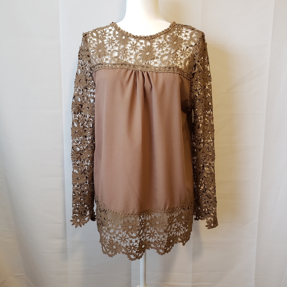 Brown Lace Pullover Blouse Long Sleeve